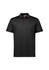 A black short sleeve polo shirt with red trim and a logo on the chest.