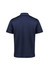 A navy blue men's short sleeve polo shirt with a subtle trim and a logo on the back.