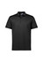A black short sleeve polo shirt featuring a collar and buttons, with a logo on the chest.