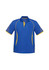A blue polo shirt with yellow accents and mesh panels on the sleeves, featuring a logo on the chest.