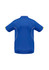 A blue short sleeve polo shirt with yellow accents and a logo on the back.