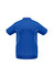 A blue polo shirt with short sleeves and white piping, featuring a logo on the back.