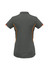 A dark grey women's short sleeve polo shirt with orange accents and a logo.