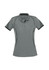 A women's short sleeve polo shirt in grey with contrasting black accents and a logo.