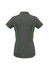 A women's short sleeve polo shirt in dark grey with neon green accent detailing and a logo on the side.
