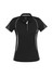A black women's short sleeve polo shirt with white accents and a logo. Features mesh detailing on the sleeves.