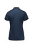 A navy blue women's short sleeve polo shirt with a textured pattern and collar. Features a logo on the front.