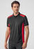 A unisex black polo shirt with red side panels and a logo, featuring short sleeves and a classic collar.