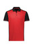 A short sleeve polo shirt in red with black accents and a logo on the chest.