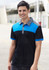 A short sleeve polo shirt in black with blue and grey accents, featuring a collar and buttons, with a logo present.