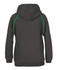 A black hoodie featuring green contrast stitching along the seams and a hood at the back.