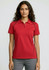 A red short sleeve polo shirt for women, featuring black detailing and a logo.