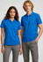 A blue short sleeve polo shirt for women, featuring contrast stitching and a logo. Modelled by a woman and a man.