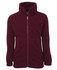 A maroon polar fleece jacket with a full zip, high collar, and front pockets, featuring a logo on the label.