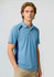 A men's short sleeve polo in light blue with navy side panels, featuring a logo on the chest.