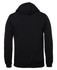 A black hoodie featuring a hood and a plain back design. It includes a branding logo.