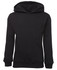 A black hoodie featuring a front pocket and a large hood, with a logo on the garment.