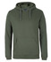 A green hoodie featuring a front pocket and a drawstring hood, with a branding logo.