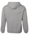 A grey hoodie featuring a hood and long sleeves, with a branding logo on the back.
