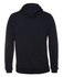 A black hoodie featuring a kangaroo pocket and a hood, with a logo on the back.