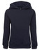 A navy hoodie featuring a front pocket and a drawstring hood, with branding present.