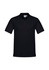 A black men's short sleeve polo shirt with a collar and a logo.