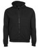 A black zip-up hoodie featuring a front pouch pocket and a hood. It has a branding logo.