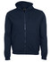 A dark navy hoodie with a zip front, featuring a hood and two front pockets. It has a logo on the interior tag.