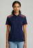 A navy women's short sleeve polo shirt with orange accents and a patterned design on the shoulders. Features a logo.