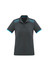 A women's short sleeve polo shirt in dark grey with blue accents and a patterned yoke. It features a logo.