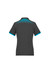 A black women's polo shirt featuring a blue grid pattern on the back and blue accents on the sleeves.