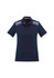 A navy women's polo shirt with short sleeves and a patterned yoke, featuring contrasting white accents and a logo.