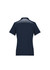 A navy women's short sleeve polo shirt featuring a patterned design at the back, with white detailing on the sleeves.