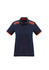 A navy women's polo shirt with orange accents and a patterned design on the shoulders. Features a collar and short sleeves.