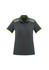 A women's short sleeve polo shirt in dark grey, featuring neon green accents and a logo on the chest.