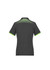 A dark grey women's polo shirt featuring a green geometric design on the back and a logo on the chest.