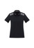 A black women's short sleeve polo shirt featuring a patterned yoke and white accents. It has a logo on the front.