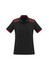 A women's black polo shirt with short sleeves, featuring red accents on the collar and shoulders, and includes a logo.