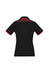 A black women's polo shirt featuring short sleeves and a grid pattern detail in red on the back.