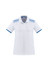 A white short sleeve polo shirt featuring a blue patterned design on the shoulders and contrasting blue accents.