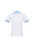 A white women's short sleeve polo shirt with a blue patterned design on the back and blue trim on the sleeves.