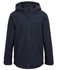 A navy three-layer hooded softshell jacket with a front zipper and side pockets, featuring a logo.