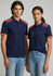 A navy blue short sleeve polo shirt with contrasting orange accents and a logo. Worn by a male and female model.