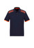 A navy short sleeve polo shirt featuring orange accents and a patterned design on the shoulders. It has a logo.