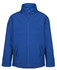 A soft shell jacket in vibrant blue, featuring a zip-up front and side pockets. It has a branding logo.
