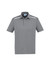 A grey short sleeve polo shirt featuring a logo and contrasting shoulder accents.