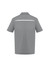 A grey short sleeve polo shirt featuring a subtle reflective stripe on the back and a logo on the front.