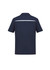 A navy short sleeve polo shirt featuring a white stripe and a logo on the back.