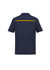 A navy blue short sleeve polo shirt featuring a yellow accent stripe on the back and a logo.