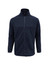 A navy micro fleece jacket with a zip closure and stand-up collar. Features long sleeves and a logo.